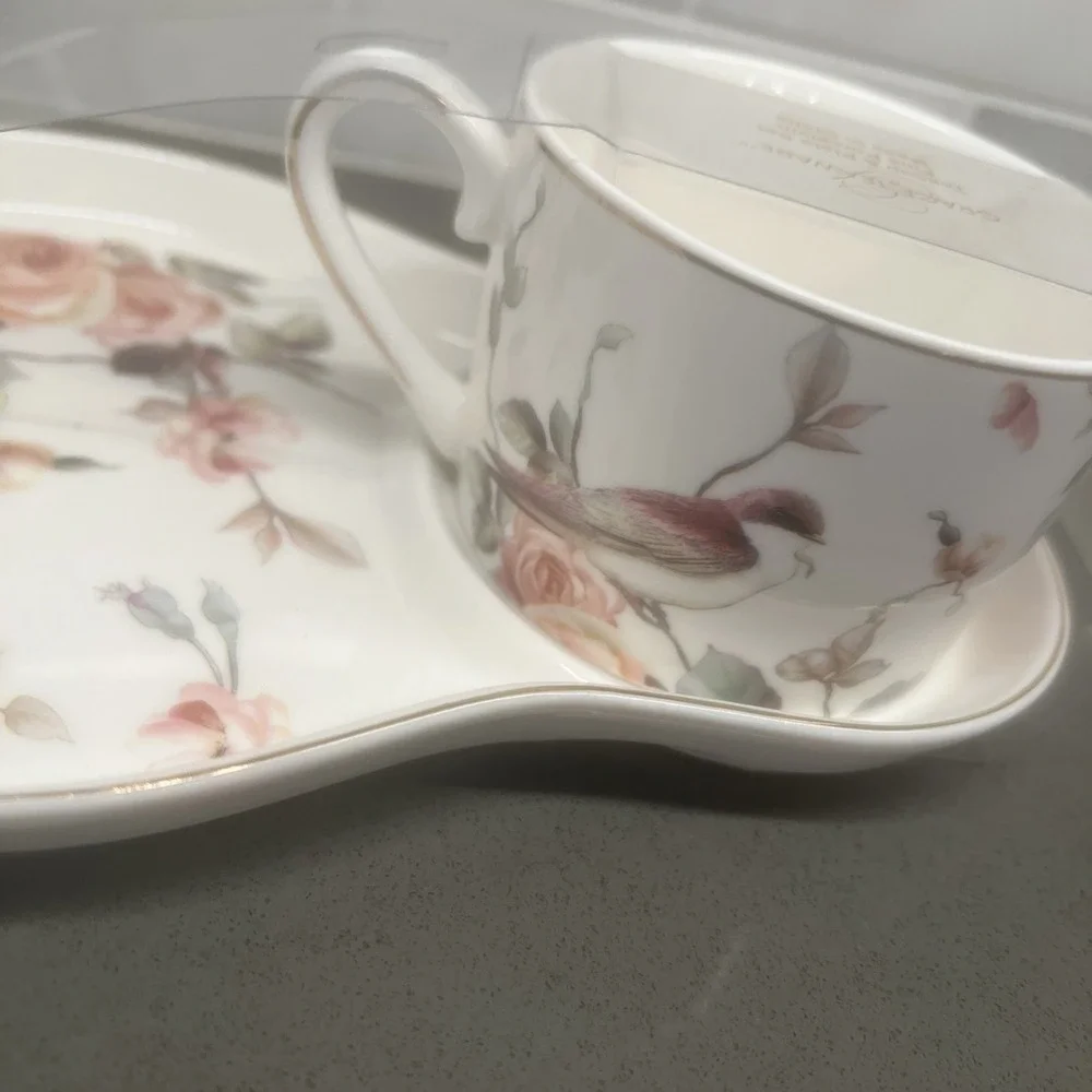Grace Teaware Fine Porcelain Teacup & Snack Plate Magnolia &  Birds Pink New
